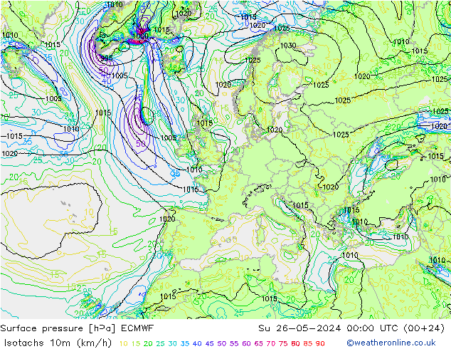 Isotachs (kph) ECMWF Ne 26.05.2024 00 UTC