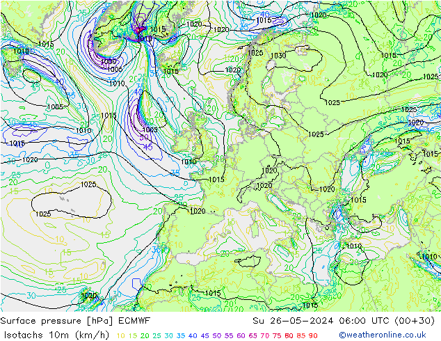 Isotachs (kph) ECMWF Su 26.05.2024 06 UTC