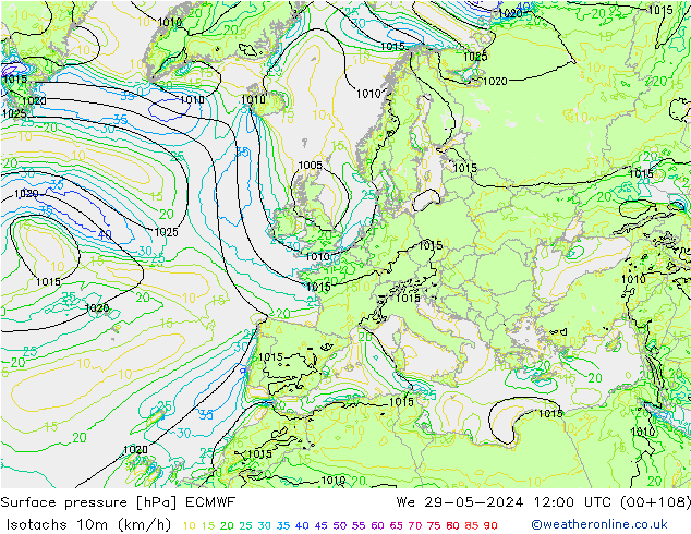 Eşrüzgar Hızları (km/sa) ECMWF Çar 29.05.2024 12 UTC