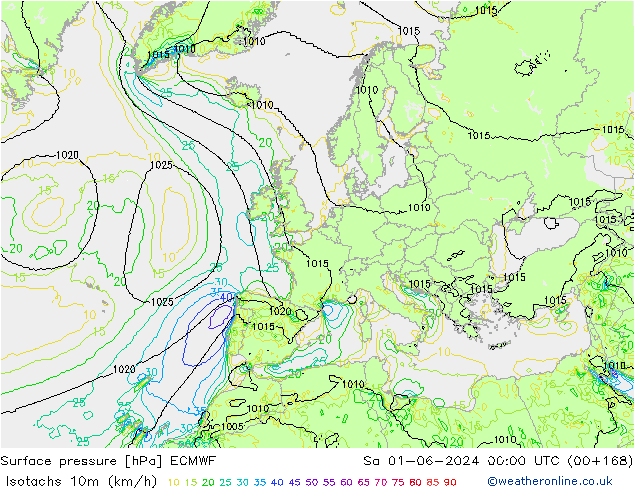 Isotachs (kph) ECMWF sam 01.06.2024 00 UTC