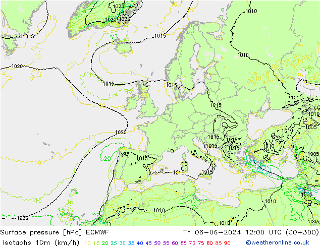 Isotachs (kph) ECMWF Th 06.06.2024 12 UTC