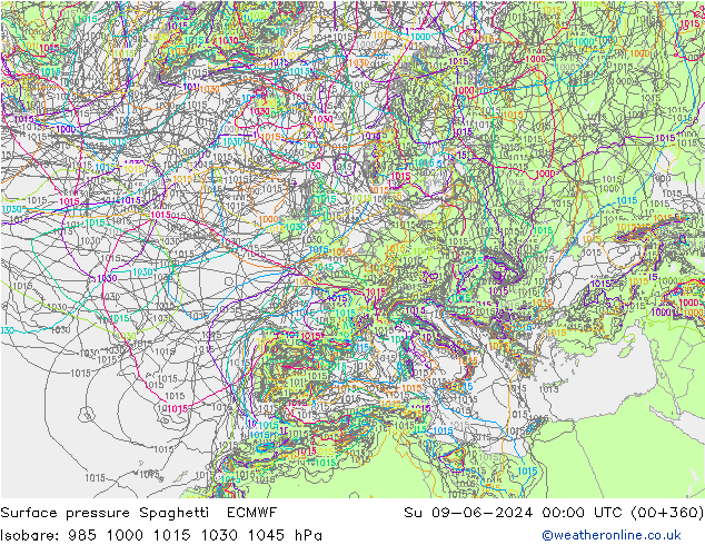 地面气压 Spaghetti ECMWF 星期日 09.06.2024 00 UTC