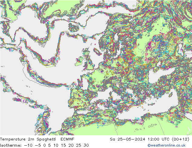 Temperature 2m Spaghetti ECMWF Sa 25.05.2024 12 UTC