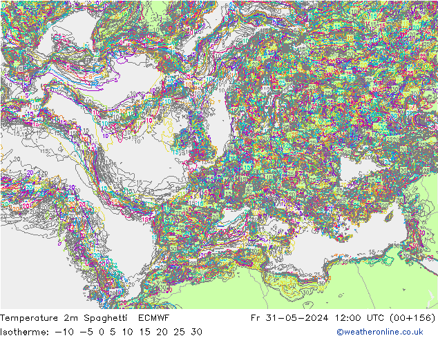 Temperatura 2m Spaghetti ECMWF ven 31.05.2024 12 UTC