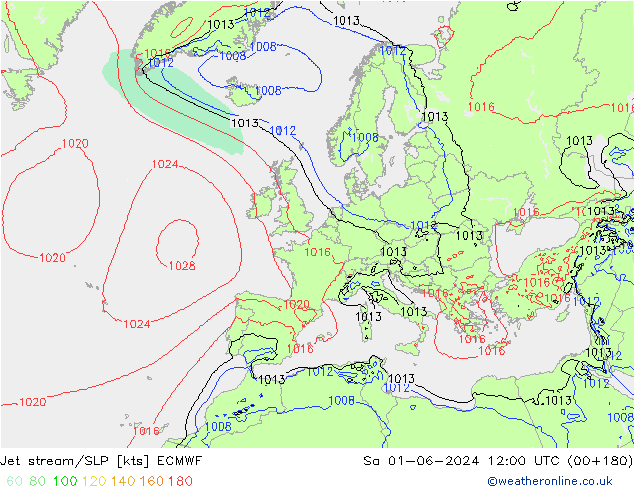 Jet stream/SLP ECMWF Sa 01.06.2024 12 UTC