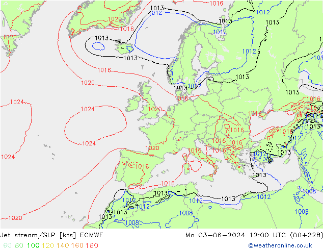 Jet stream/SLP ECMWF Po 03.06.2024 12 UTC