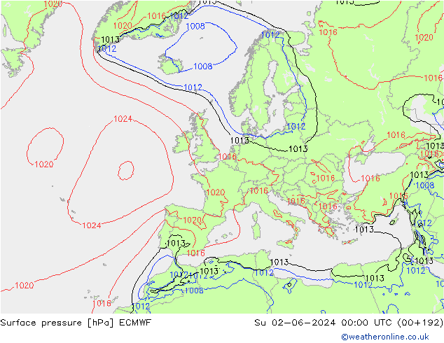 Presión superficial ECMWF dom 02.06.2024 00 UTC