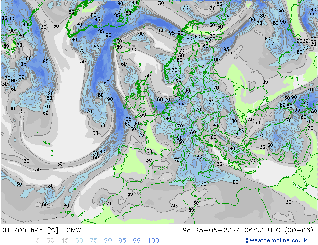 RH 700 hPa ECMWF sab 25.05.2024 06 UTC