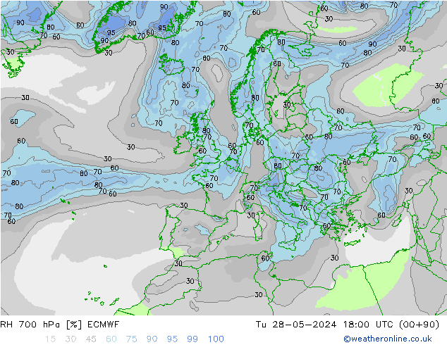 RH 700 hPa ECMWF Tu 28.05.2024 18 UTC