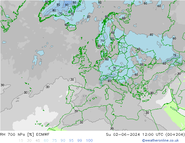 Humidité rel. 700 hPa ECMWF dim 02.06.2024 12 UTC