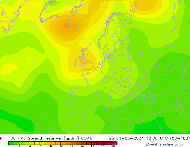 RH 700 hPa Spread ECMWF sab 01.06.2024 12 UTC