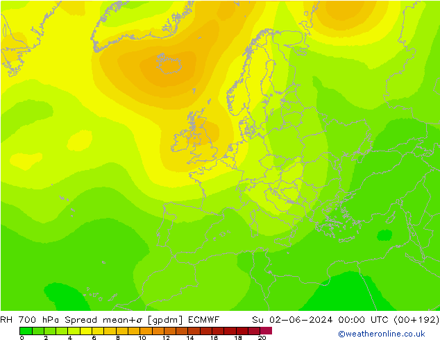 RH 700 hPa Spread ECMWF Su 02.06.2024 00 UTC