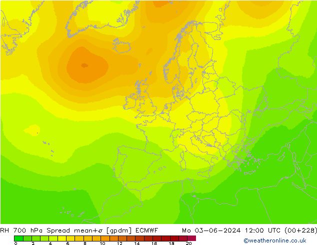 RH 700 hPa Spread ECMWF pon. 03.06.2024 12 UTC