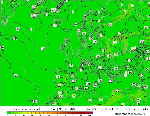 карта температуры Spread ECMWF Вс 26.05.2024 00 UTC