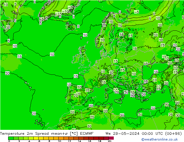 Temperaturkarte Spread ECMWF Mi 29.05.2024 00 UTC