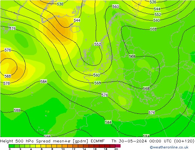 Height 500 hPa Spread ECMWF Qui 30.05.2024 00 UTC