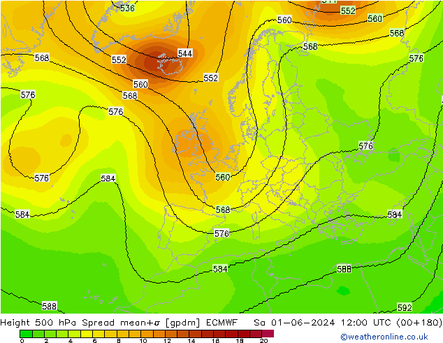 Height 500 hPa Spread ECMWF So 01.06.2024 12 UTC