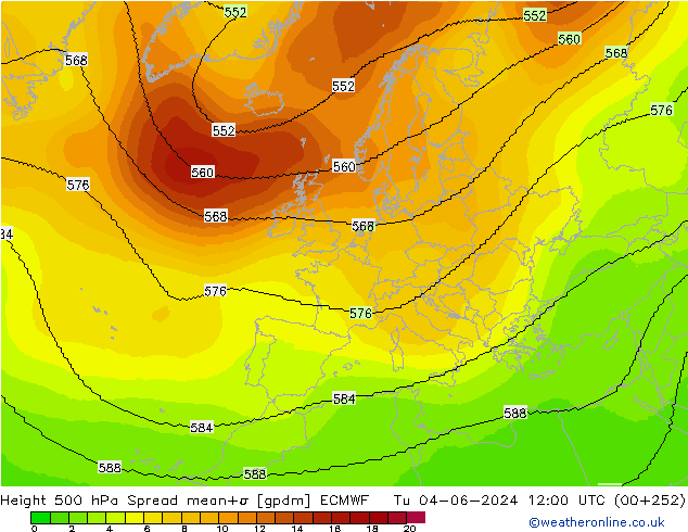 Height 500 hPa Spread ECMWF Tu 04.06.2024 12 UTC