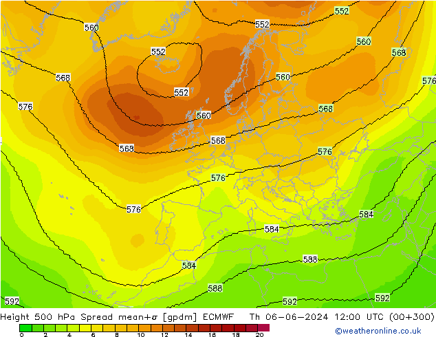 Height 500 hPa Spread ECMWF Qui 06.06.2024 12 UTC