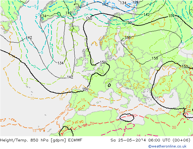 Geop./Temp. 850 hPa ECMWF sáb 25.05.2024 06 UTC