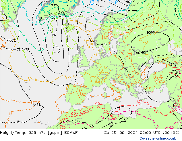 Height/Temp. 925 hPa ECMWF Sa 25.05.2024 06 UTC