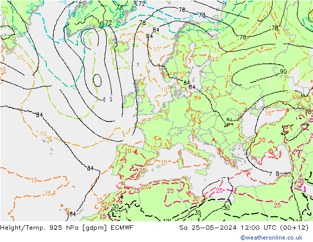 Height/Temp. 925 hPa ECMWF so. 25.05.2024 12 UTC