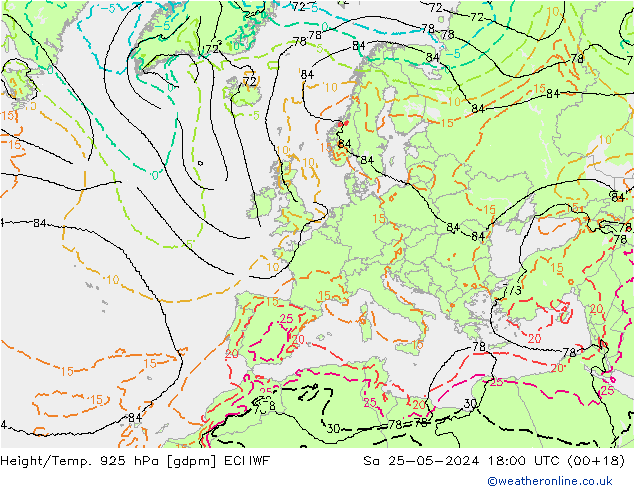 Height/Temp. 925 hPa ECMWF Sa 25.05.2024 18 UTC