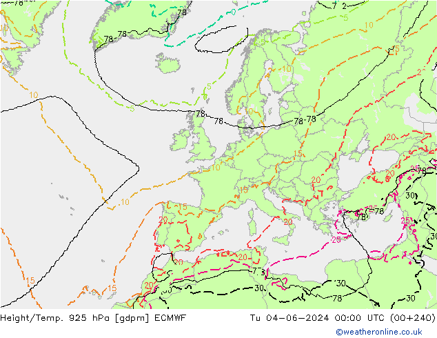 Height/Temp. 925 hPa ECMWF Út 04.06.2024 00 UTC