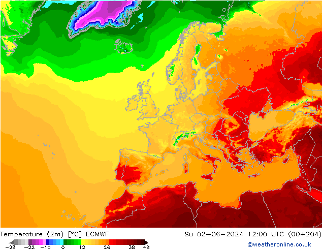 Temperatura (2m) ECMWF dom 02.06.2024 12 UTC