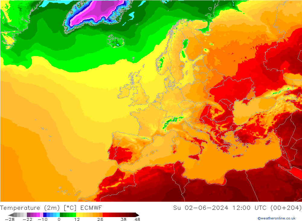 Temperaturkarte (2m) ECMWF So 02.06.2024 12 UTC