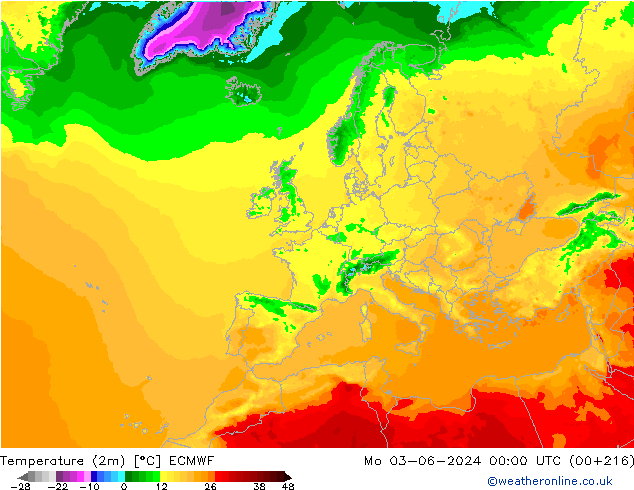 Temperatuurkaart (2m) ECMWF ma 03.06.2024 00 UTC