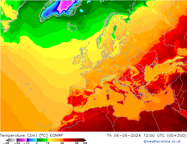 Temperatuurkaart (2m) ECMWF do 06.06.2024 12 UTC