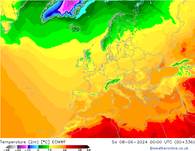 Temperaturkarte (2m) ECMWF Sa 08.06.2024 00 UTC