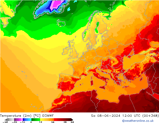 Temperature (2m) ECMWF Sa 08.06.2024 12 UTC