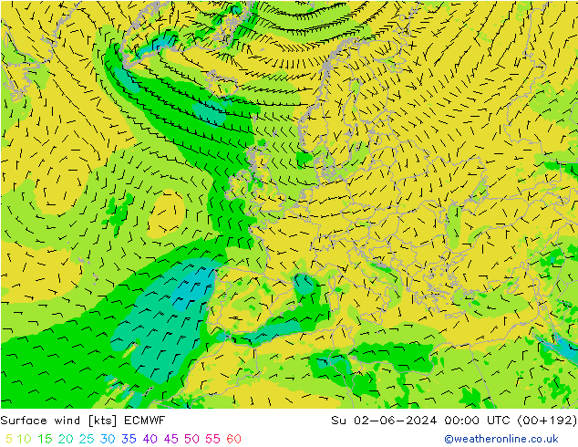 wiatr 10 m ECMWF nie. 02.06.2024 00 UTC