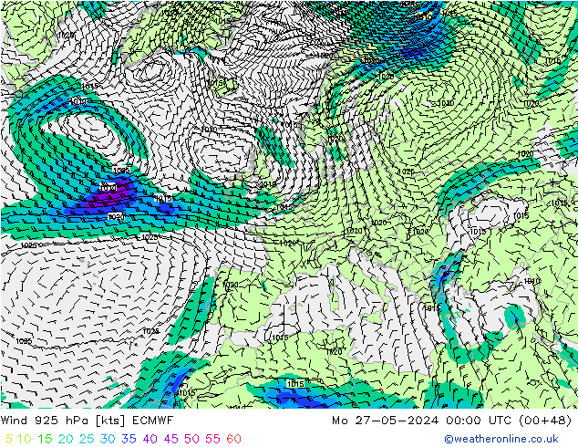 Wind 925 hPa ECMWF Po 27.05.2024 00 UTC