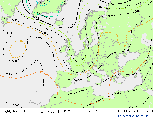 Height/Temp. 500 гПа ECMWF сб 01.06.2024 12 UTC