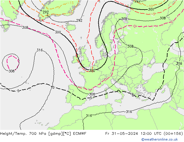 Height/Temp. 700 hPa ECMWF Sex 31.05.2024 12 UTC