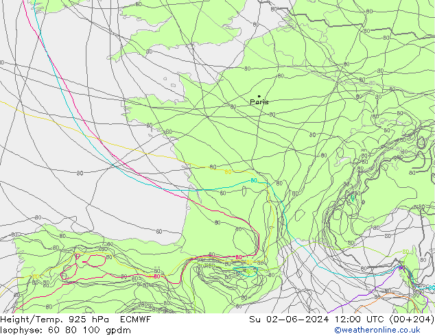 Height/Temp. 925 hPa ECMWF dom 02.06.2024 12 UTC