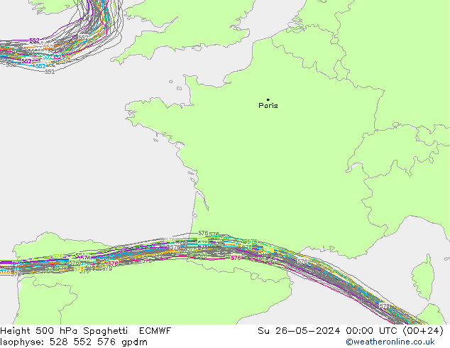 Hoogte 500 hPa Spaghetti ECMWF zo 26.05.2024 00 UTC