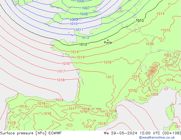 Presión superficial ECMWF mié 29.05.2024 12 UTC