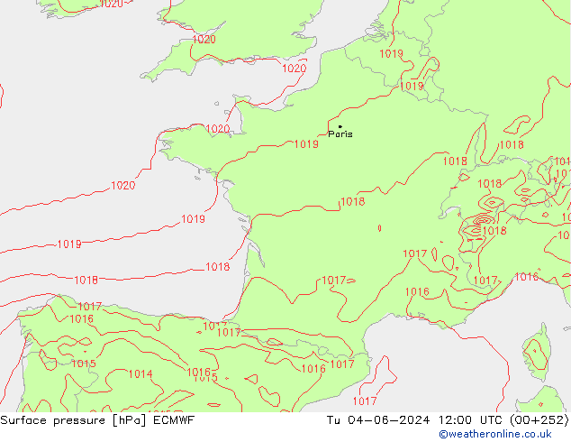 Surface pressure ECMWF Tu 04.06.2024 12 UTC