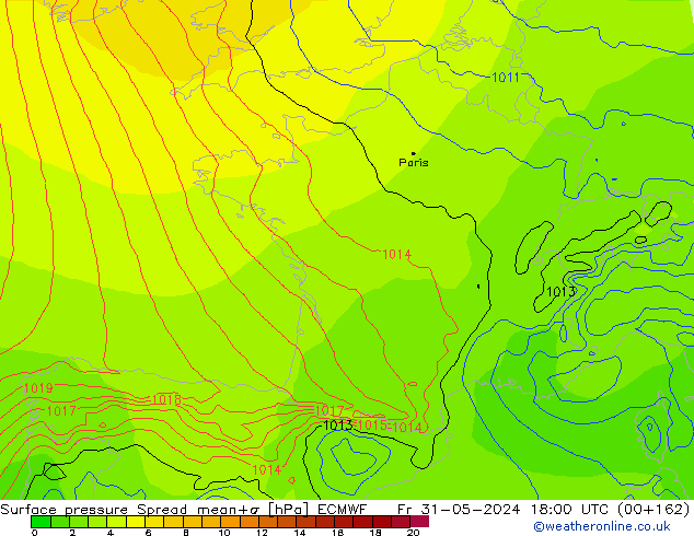 Surface pressure Spread ECMWF Fr 31.05.2024 18 UTC