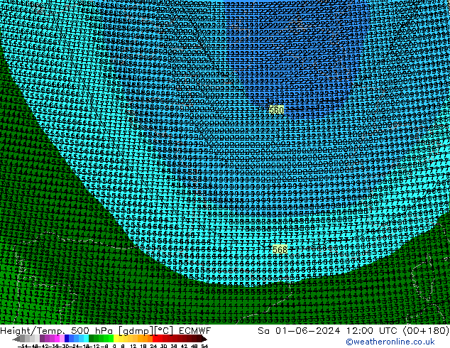 Hoogte/Temp. 500 hPa ECMWF za 01.06.2024 12 UTC