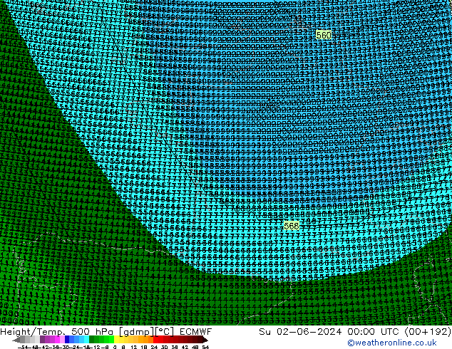 Height/Temp. 500 hPa ECMWF So 02.06.2024 00 UTC