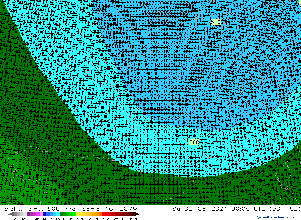 Height/Temp. 500 hPa ECMWF So 02.06.2024 00 UTC