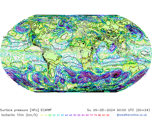 Isotachen (km/h) ECMWF So 26.05.2024 00 UTC