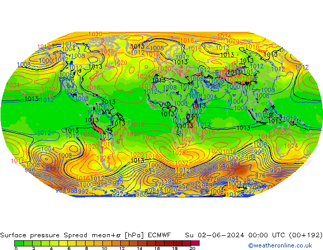 Surface pressure Spread ECMWF Su 02.06.2024 00 UTC