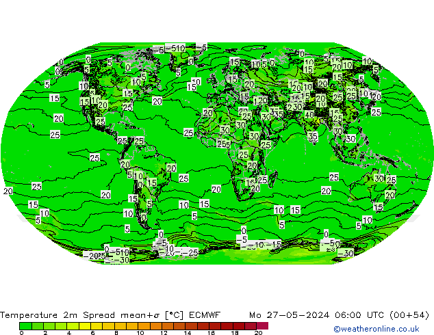 mapa temperatury 2m Spread ECMWF pon. 27.05.2024 06 UTC