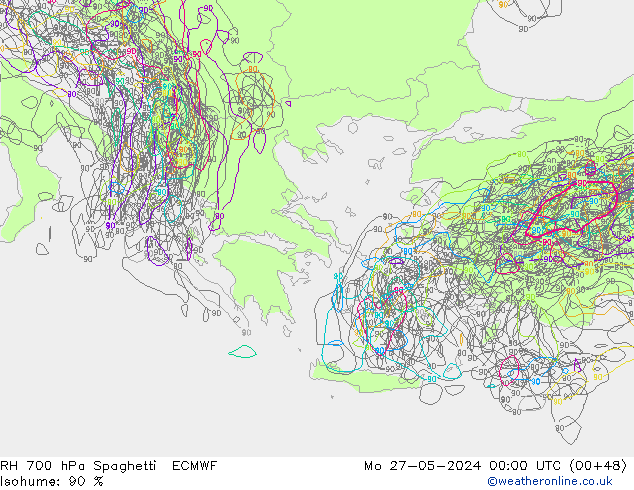 RH 700 hPa Spaghetti ECMWF Mo 27.05.2024 00 UTC